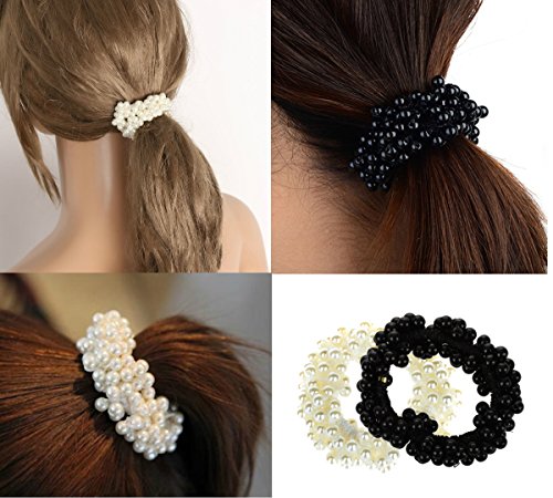 AKOAK Imitation Pearl Hair Scrunchies Ponytail Holders White Black 2 Pack