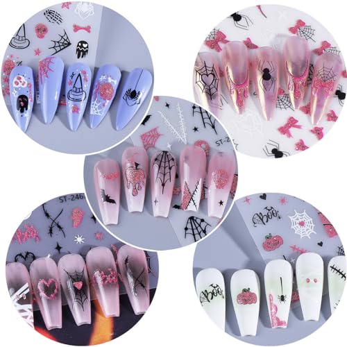 Pink Halloween Nail Art Stickers 3D Self-Adhesive Ghost Skull Decals 6 Sheets