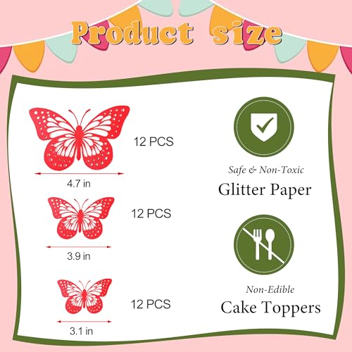 36Pcs 3D Red Butterfly Cake Toppers - Non-Edible Decoration for Parties
