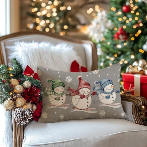 Christmas Snowman Pillow Cover 12x20 | Soft Polyester Linen Decor