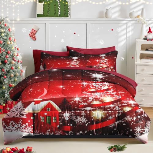 Twin Christmas Tree Bedding Set with Comforter Sheets - Red 5 Pieces