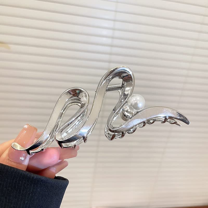 Silver Metallic Ribbon Pearl Hair Claw Clip Large Non-Slip Hair Clamp