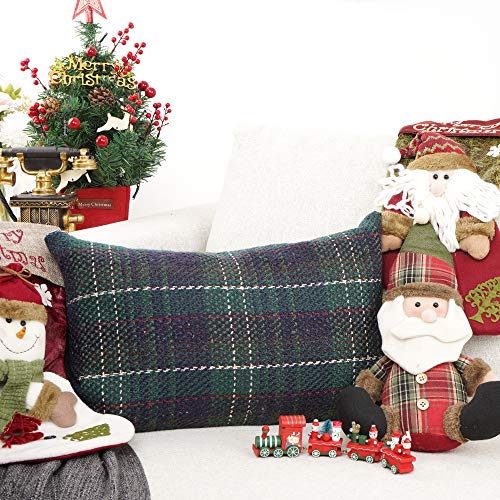 YOUR SMILE Christmas Plaid Throw Pillow Cover, 12"x20" Green Wool Blend