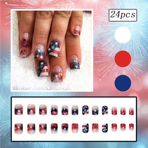Hiynef 4th of July Short Square Press On Nails – Red & Blue Gradient with Silver Star & Glitter Acrylic False Nails (24 Pcs)