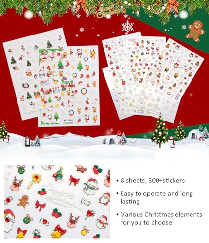 5D Christmas Nail Art Stickers Self-Adhesive Xmas Decals 8 Sheets