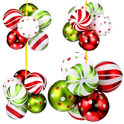 Christmas Ball Ornaments Set - Red White Green Cute & Shatterproof, 24 Pcs with Clusters & Ribbons