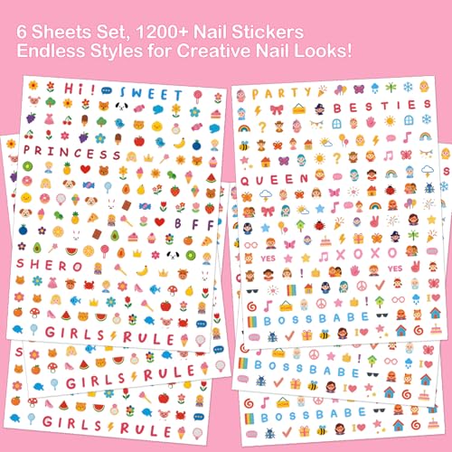 IDDFEVE 3D Self-Adhesive Nail Art Stickers, 1200+ Pcs Cute Flower Animal Fruit Designs DIY Decals