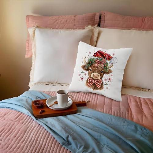 Christmas Highland Cattle Pillow Cover 18x18 - Farmhouse Cow Decor, Highland Cow Christmas Variation