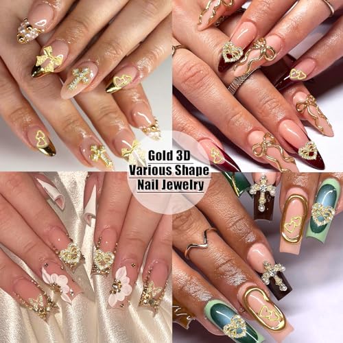 RODAKY 44PCS Gold Nail Charms 3D Bow Butterfly Metal Gems