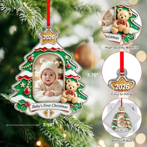 Baby's First Christmas Ornament 2026 - Christmas Tree Decoration with Photo Frame - Teddy Bear & Baubles, Holiday Keepsake