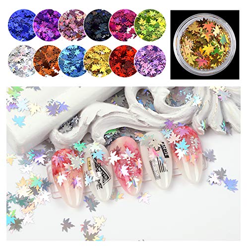 MEILINDS 3D Fall Maple Leaf Nail Art Sequins 12 Colors Holographic Glitter