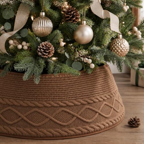 Large 36 Inch Neutral Brown Knitted Christmas Tree Collar - Rustic Farmhouse Holiday Decor