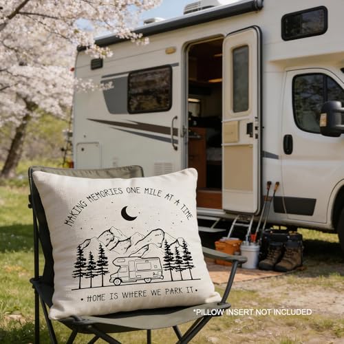 Happy Camper Throw Pillow Cover, 18x18 Vintage Travel Trailer Cushion Case