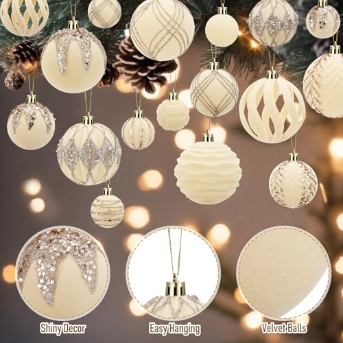 White Velvet Christmas Ornament Set - 48 Flocked Holiday Decorations