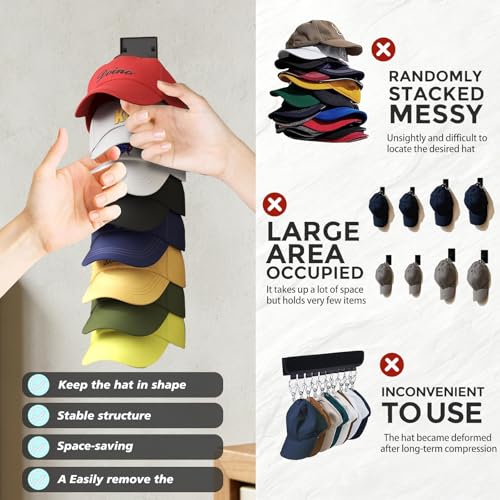 Black Hat Organizer - 2 Pack Wall Rack for Baseball Caps, Holds 16 Hats