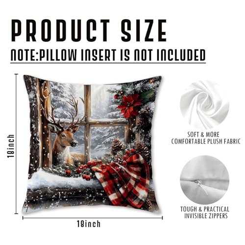 Winter Deer Reindeer Pillow Covers 18x18 Inches Farmhouse Holiday Decor