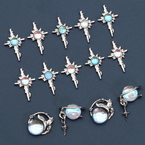 RODAKY 14Pcs 3D Cross Nail Charms Rhinestone Blue Crystal Jewels