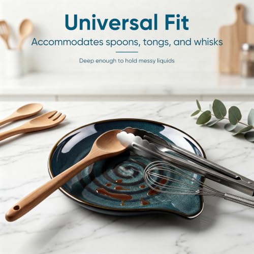 E-far Blue Ceramic Spoon Rest for Stove Top - Heat-Resistant, Drip-C catching Design