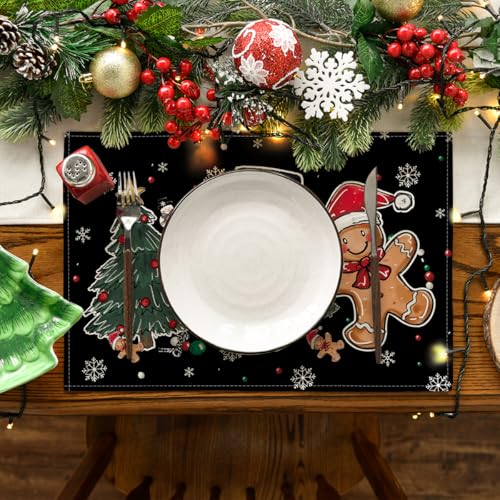 Black Snowman Tree Gingerbread Christmas Placemats Set of 4 - 12x18 Inch Seasonal Table Decor