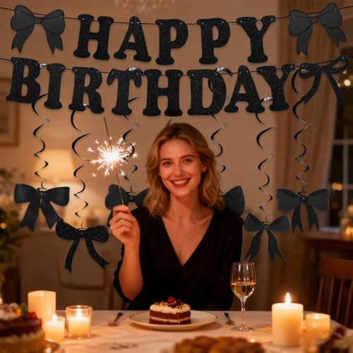 Black Happy Birthday Banner with Hanging Bow Swirls Decor