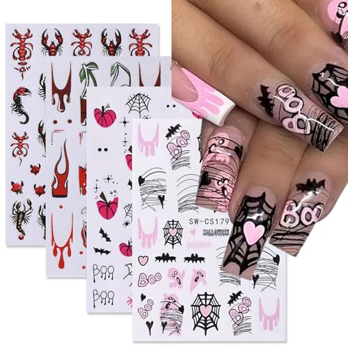 Halloween Nail Stickers 4-Pack Self-Adhesive Spooky Pumpkin Cobweb Decals