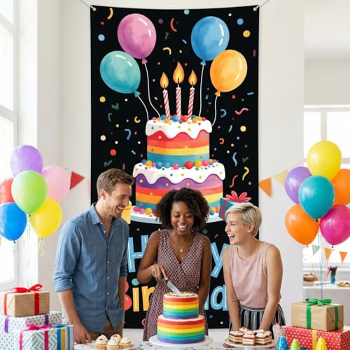 Happy Birthday Banner Backdrop, Colorful Cake Party Decor 35.4x70.9 Inch