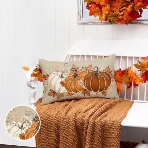 RABUSOFA Fall Outdoor Pillow Cover 12x20 Waterproof Pumpkin Thanksgiving Orange