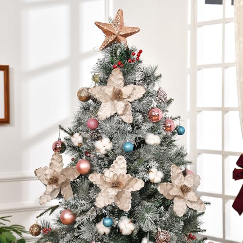 Champagne Poinsettia Christmas Flower Picks Set - Glitter Silk Decorations