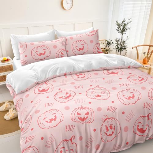 Chumerry King Size Pink Halloween Duvet Cover Set with Ghost & Pumpkin Print