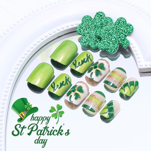 St. Patrick's Day Short Square Press On Nails with Rhinestones & Shamrocks