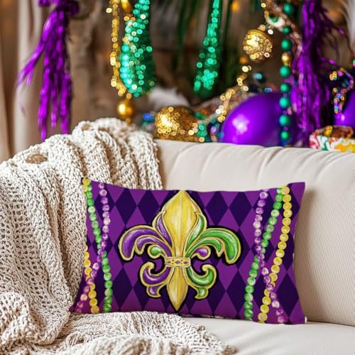 Mardi Gras Pillow Covers 12x20 in - Fleur De Lis Decorative Cushions