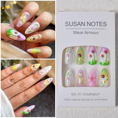 GUAACCB 24Pcs Floral Almond Press On Nails Cute Strawberry Fake Nails