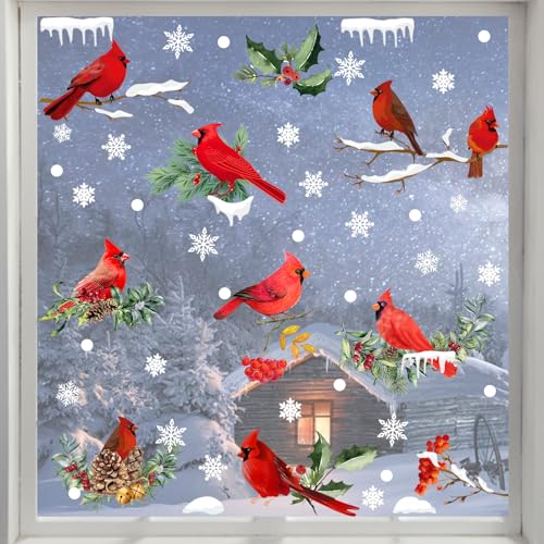 Winter Cardinal Window Clings 150 pcs Holiday Christmas Red Bird Glass Stickers with Branches & Snowflakes - Red