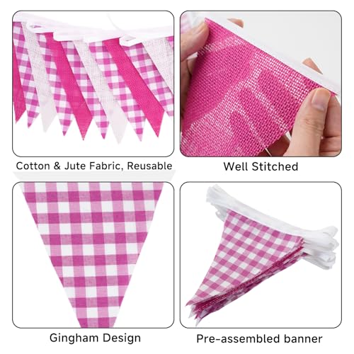G2PLUS Pink and White Gingham Bunting Banner - 32Ft Triangle Garland