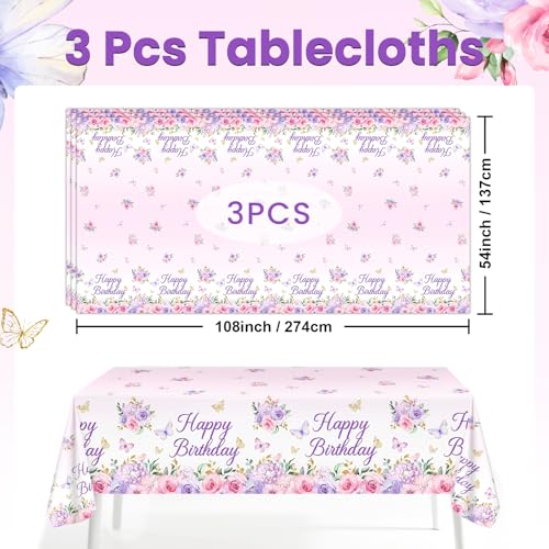 Avezano 3-Pack Purple Floral Birthday Tablecloths - 108x54 in