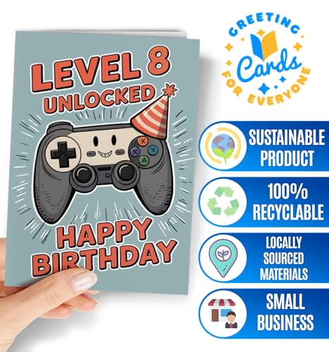 Level 8 Birthday Card for Boys - Gamer Themed 8th Birthday Greeting Card