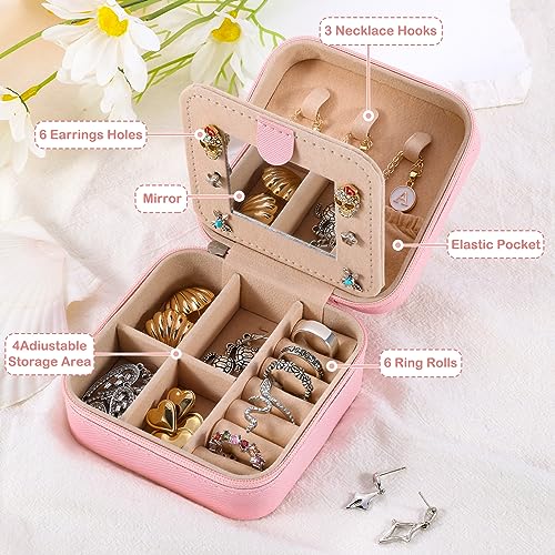 Pink Travel Jewelry Organizer Box with Mirror for Women & Girls - Personalized Initial Jewelry Case