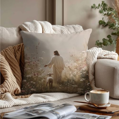 White Jesus and Lamb Pillow Cover 18x18 Christian Religious Home Decor