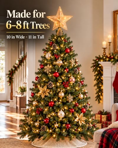 Noiclub Gold Glitter Christmas Tree Topper Star for 6-8FT Trees - Battery Operated, 10 Inch, Warm White LED Lights, Festive Holiday Decor - Golden01