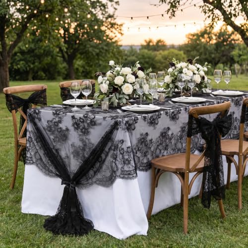 Black Lace Tablecloth 2 Pieces 60x120 Inch Vintage Floral Rectangular Overlay
