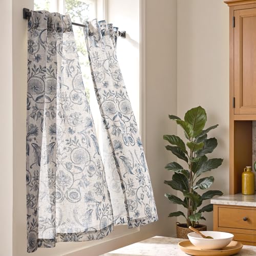 jinchan Linen Floral Kitchen Tier Curtains, 26"W x 24"L, 2 Panels - Blue on Beige