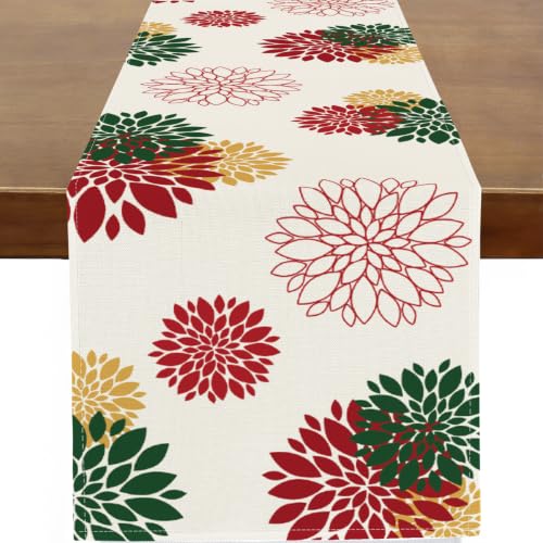 Red Green Christmas Table Runner with Dahlia Floral Burlap - 13 x 36 Inch