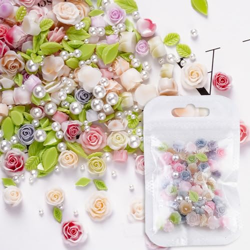 MOLILON 3D Flower Nail Charms Resin Rose and Leaf Art Decoration 100pcs