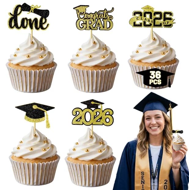 Graduation Cupcake Toppers 2026 - 36 Pcs Black & Gold Decor