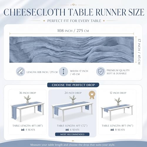 Dusty Blue Cheesecloth Table Runner 2 Pack 17x108 Inch - Boho Wedding Decor