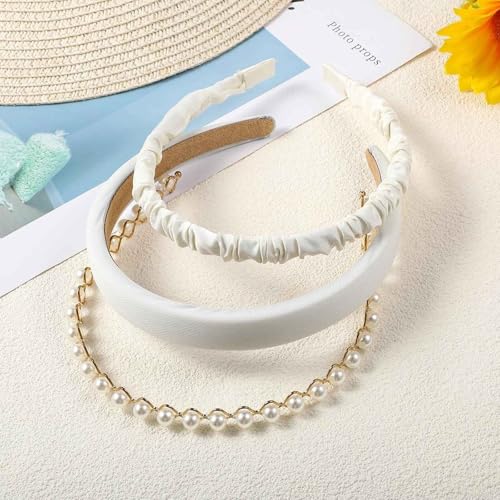 DPWOUM 3 PCS White Pearl Headbands - Non Slip Twisted Wide Hair Accessories for Women