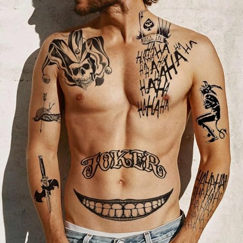 Joker Temporary Tattoos - 4 Sheets Realistic Waterproof Fake Face Tattoos for Halloween Costume Party