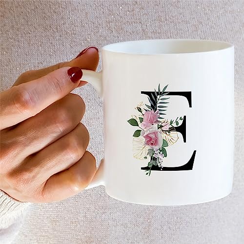 Initial E Monogram Mug - Floral Botanical Alphabet 11 Oz Ceramic Tea Coffee Cup - White Variation