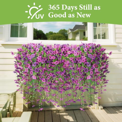 Artificial Flowers for Outdoors - 6 Pcs Deep Purple & Purple Fake Flowers, Weather-Resistant & Realistic Garden Decor