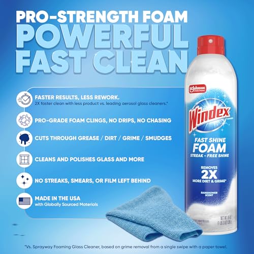 Windex Fast Shine Foam Glass Cleaner - Streak-Free, No-Drip, 19 oz (Pack of 6)